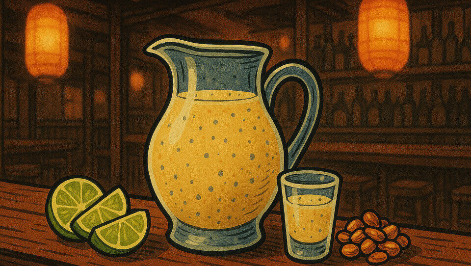 illustration of leche de tigre in an izakaya with slices of lime and cancha corn on a top counter.
