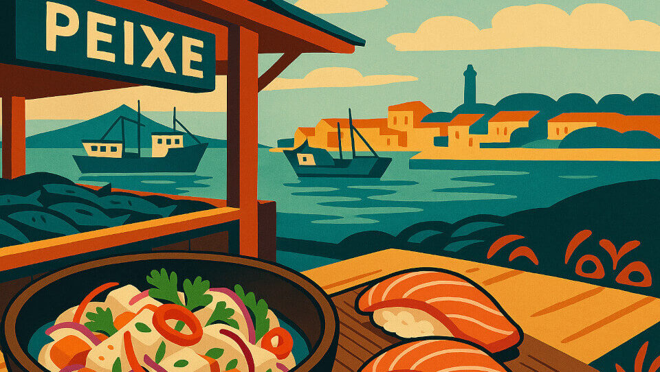 Ilustração em estilo vintage de um mercado de peixe em Matosinhos, com taça de ceviche e dois nigiri de salmão sobre um balcão de madeira, e o mar com barcos de pesca e a cidade do Porto ao fundo.