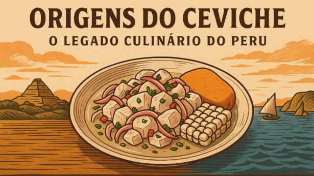 Ilustração vintage em formato horizontal mostrando um prato de ceviche peruano com peixe em cubos, cebola roxa, coentros, milho/choclo e batata-doce, colocado sobre uma mesa de madeira. Ao fundo, vê-se uma paisagem costeira com mar, barco à vela e formações rochosas de um lado, e do outro uma pirâmide pré-colombiana sob um céu alaranjado ao pôr do sol. No topo, o texto “Origens do Ceviche — O legado culinário do Peru”.