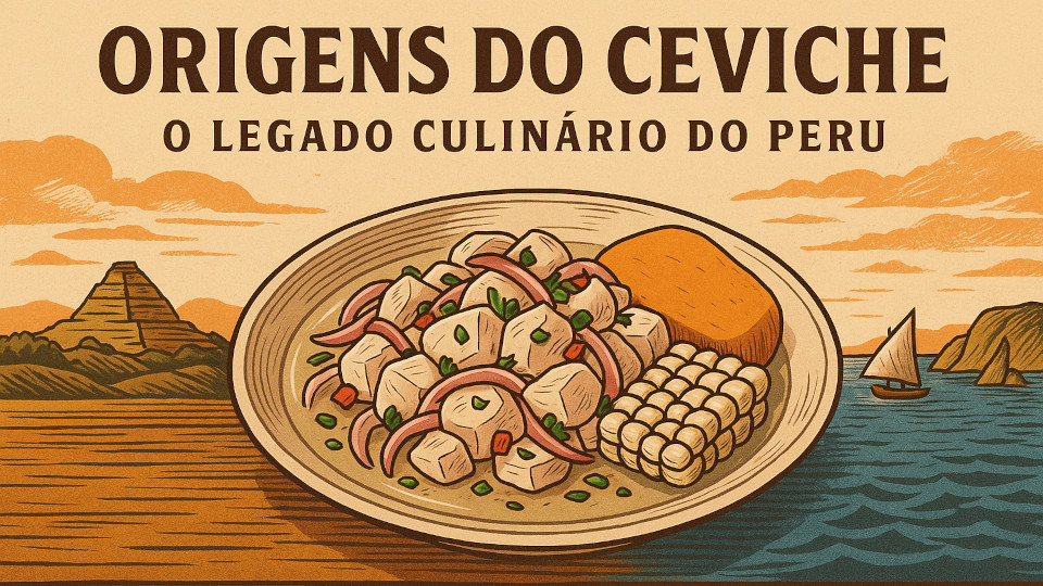 Ilustração vintage em formato horizontal mostrando um prato de ceviche peruano com peixe em cubos, cebola roxa, coentros, milho/choclo e batata-doce, colocado sobre uma mesa de madeira. Ao fundo, vê-se uma paisagem costeira com mar, barco à vela e formações rochosas de um lado, e do outro uma pirâmide pré-colombiana sob um céu alaranjado ao pôr do sol. No topo, o texto “Origens do Ceviche — O legado culinário do Peru”.