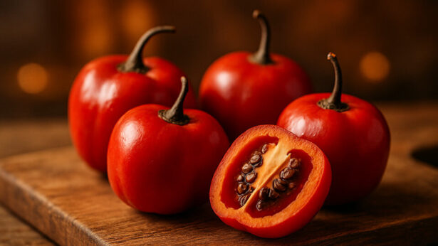 Picture of 4 whole rocoto chili peppers and one half sliced open where you can see the dark seed on a wooden cutting board with izakaya style background.