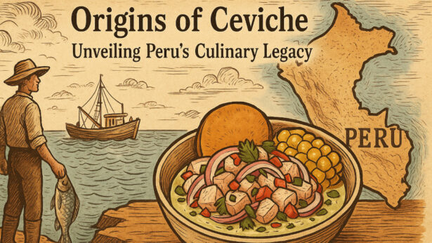 Text on picture: Origins of Ceviche. Unveiling Peru's Culinary Legacy. PERU. With a illustration of the sea with a ship, a man holding a fish. A bowl of Ceviche, and the country PERU.