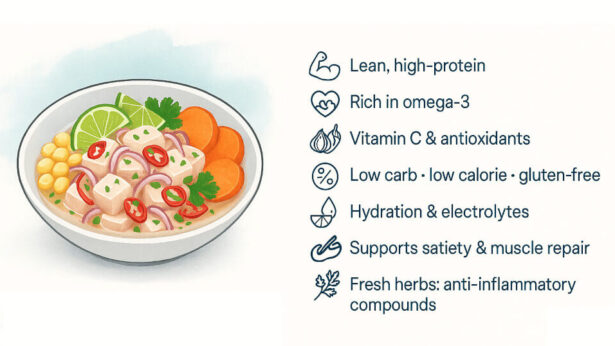 Picture of a list of Ceviche Health benefits as well as a illsutration of Ceviche with Lime , Sweet Potato, Aji Limo and corainder toppings.