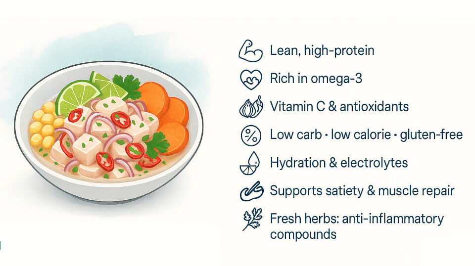 Picture of a list of Ceviche Health benefits as well as a illsutration of Ceviche with Lime , Sweet Potato, Aji Limo and corainder toppings.
