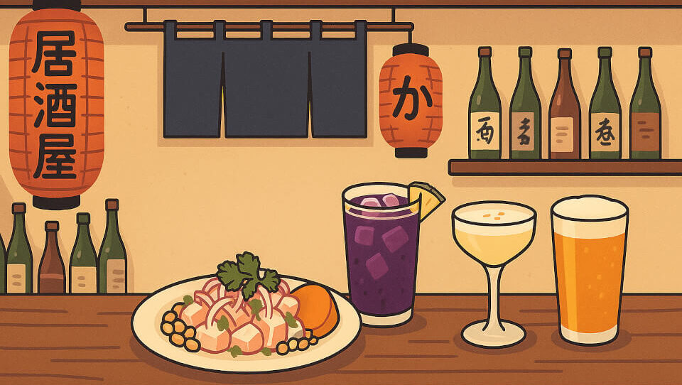Uma ilustração de um izakaya com ceviche, chicha morada, pisco sour e cerveja no balcão. Garrafas de sake ao fundo e lanternas vermelhas com texto em kanji.