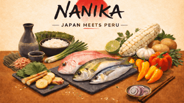 Imagem com o texto “Nanika, Japan meets Peru” no topo. No centro aparecem um peixe dourada (sea bream) e um peixe carapau (aji). À esquerda, ingredientes japoneses: arroz, folha de nori, negi, kombu, flocos de bonito, gobo, jagaimo e myoga. À direita, ingredientes peruanos: milho choclo, rodelas de lima, ají amarillo, alho, cebola roxa e pimento rocoto vermelho.