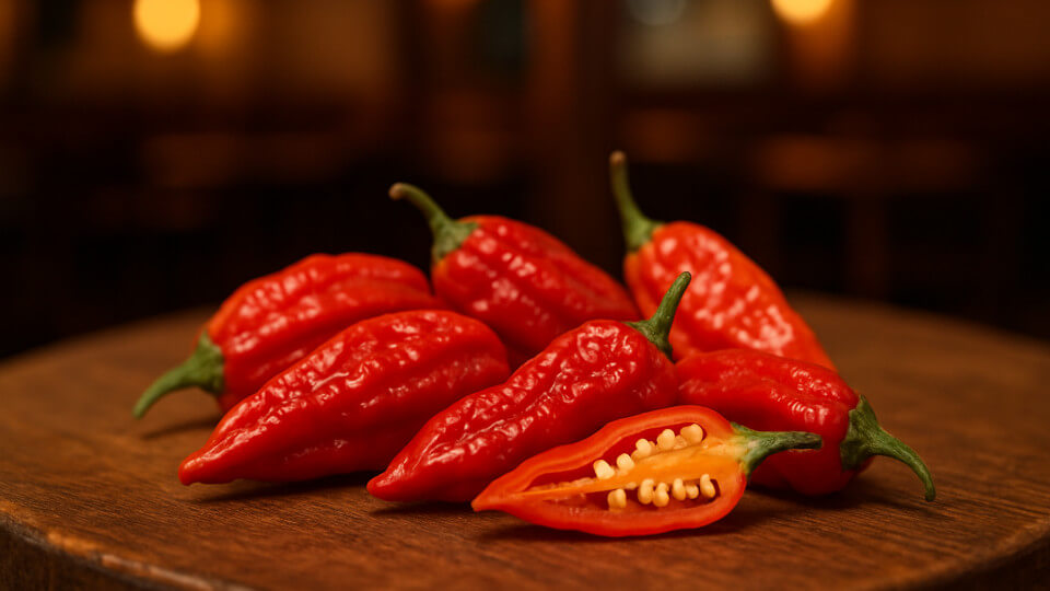 Picture of a bunch of Ajj Limo on a wooden cutting board, one half is sliced up and showing the veins and seeds of the Peruvian chili.